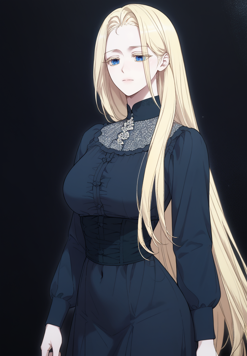 zPDXL3, score_9_up, score_8_up, score_7_up, (Anime_source),Masterpiece,(perfect female body:1.2), small waist, (incredibly detailed:1.4), slim, beautiful fingers, beautiful white skin, Beautiful clear skin, (large breasts:1.4)  thighs, looking at viewer, big breasts, ass, perfect ass,  <lora:Annette_Rosenberg_-_My_Beloved_Oppressor-Kaleid_PONY:1> annetterosenberg, blue eyes, 1girl, solo, blonde hair, blonde eyelashes, expressionless, closed mouth, dark circles, long hair, dress, long sleeves, large breasts, small waist