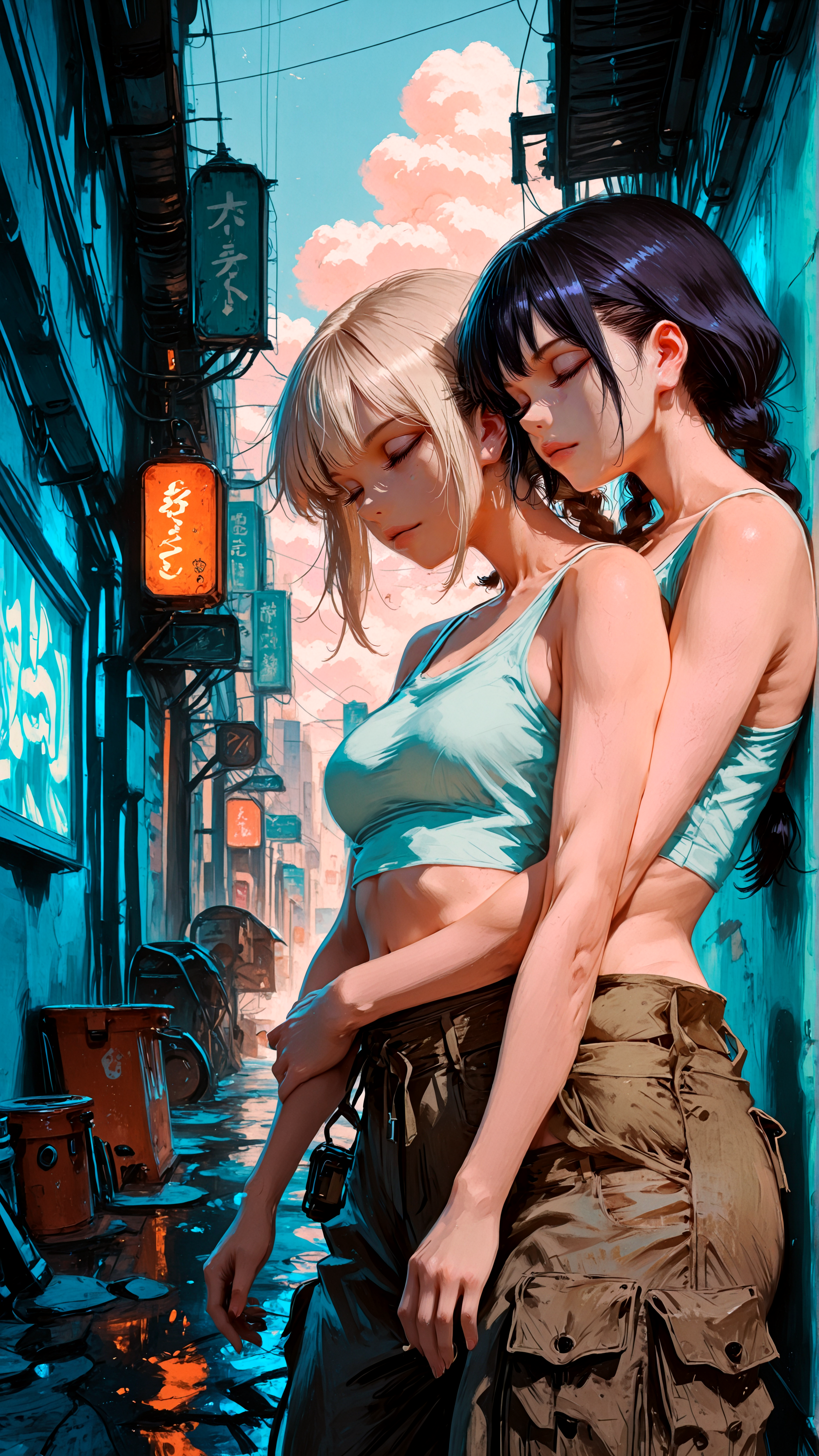 masterpiece, newest,absurdres,incredibly absurdres, best quality, amazing quality, very aesthetic, vibrant colors, pastel colors, realistic, cloud,
2girls, embracing, hugging from behind,BREAK black hair in high braid, harness crop top, cargo pants, athletic build, closed eyes, BREAK platinum blonde undercut, sleeveless reflective tanktop,  hugging from behind BREAK lean frame, neon-lit alley, mist, flickering purple-orange light, electric orange hue, violet hue, tense atmosphere
   <lora:Forest_Decay_Style_ichi_sk:1> <lora:fuyumur4s4ki_style:0.7> fuyumur4s4ki_illu <lora:hidream_painterly_v1_1653283:1> painterly, impasto,
