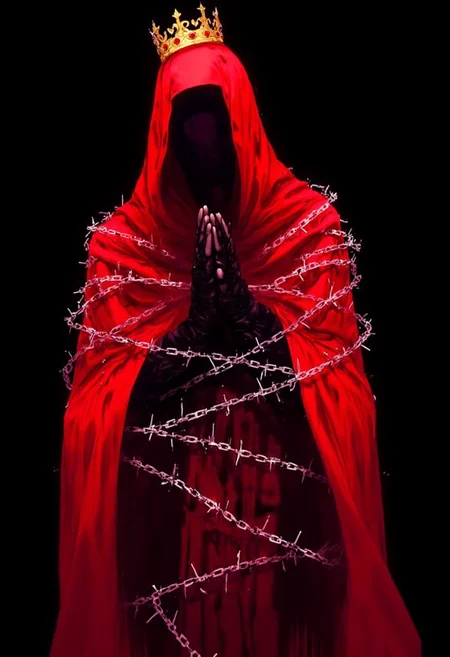 This image is a digital illustration with a dark, dramatic aesthetic. The subject is a figure draped in a vibrant, blood-red fabric that covers the entire body, including the head, creating a hooded silhouette. The fabric is intricately intertwined with white, barbed wire, which adds a stark contrast to the deep red color. The figure's face is obscured, with only a small, golden crown visible at the top of the head, symbolizing royalty or martyrdom.