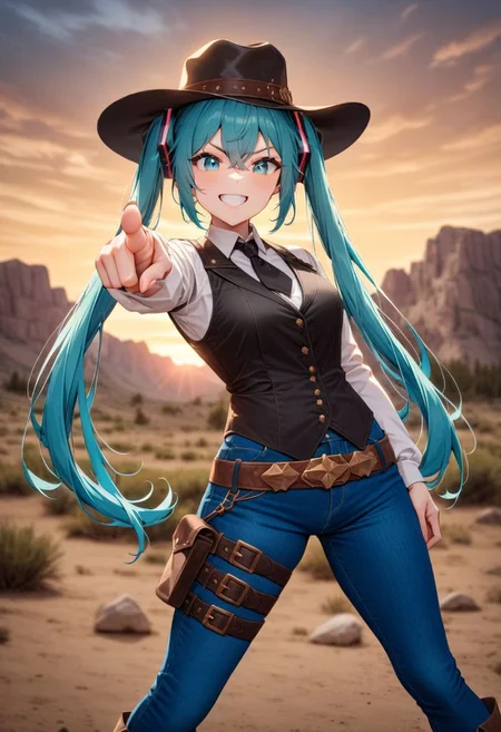 masterpiece, best quality, very aesthetic, absurdres, 1girl, solo, hatsune miku, standing, grin, legs apart, (Pointing Finger At Viewer), cowboy in the old wild west, short hair, cowboy boots, black Ten-Gallon Hat, black jeans, western black Vest over Long sleeve shirt and black tie, cowboy boots, cloudy sky, Sunset glow, rocky mountain,