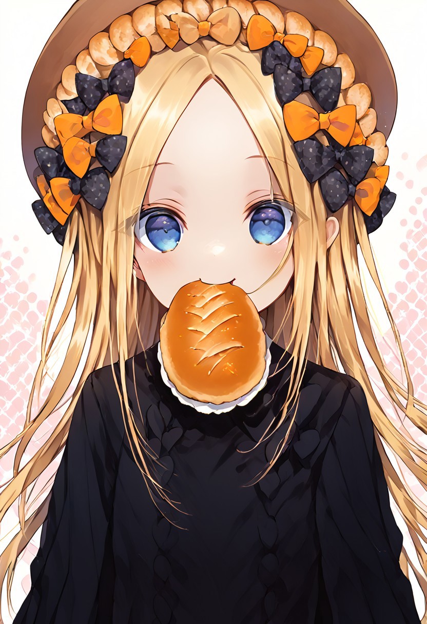 score_9, score_8_up, score_8, score_7_up, 
1girl, solo,
blonde hair, long hair, blue eyes, forehead, sidelocks, parted bangs, hair bow, polka dot bow, orange bow, black dress, long sleeves, sleeves past wrists, sleeves past fingers, bloomers, hat,
polka dots background, smile, eating, bread, loaf, eating, close shot, cute girl, looking at viewer, (cowboy shot:1.1),
cute, kawaii, hearts,