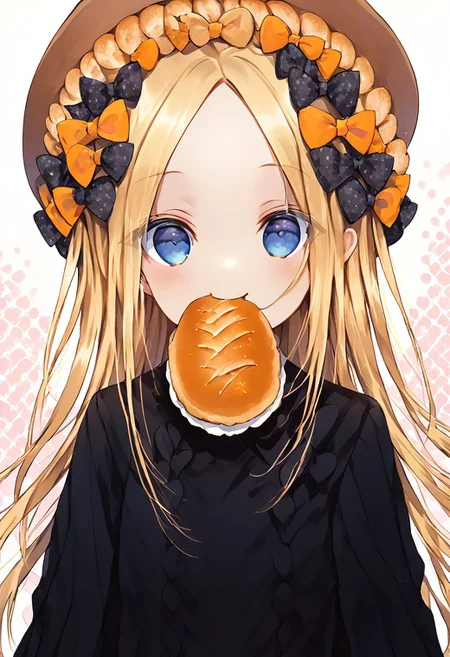 score_9, score_8_up, score_8, score_7_up, 
1girl, solo,
blonde hair, long hair, blue eyes, forehead, sidelocks, parted bangs, hair bow, polka dot bow, orange bow, black dress, long sleeves, sleeves past wrists, sleeves past fingers, bloomers, hat,
polka dots background, smile, eating, bread, loaf, eating, close shot, cute girl, looking at viewer, (cowboy shot:1.1),
cute, kawaii, hearts,