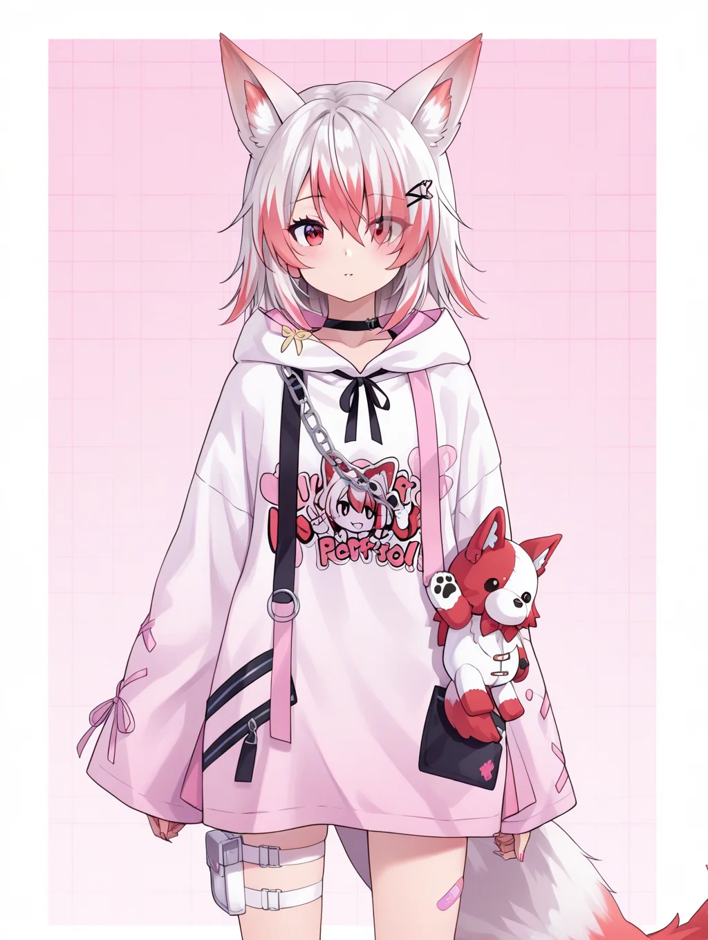 1girl,syusetu_kohaku,fox ears, fox tail, cowboy shot,
white_hoodie,hood,pink_socks,asymmetrical_legwear,thigh_strap,bandaid,shoes,white_footwear,choker,stuffed_toy,
<lora:syusetu_kohaku-ill2.0-t0:1>, (masterpiece), (best quality), (ultra-detailed), very aesthetic, illustration, disheveled hair, perfect composition, moist skin, intricate details, anime artwork, anime style, vibrant, studio anime, highly detailed