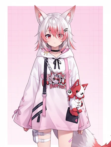 1girl,syusetu_kohaku,fox ears, fox tail, cowboy shot,
white_hoodie,hood,pink_socks,asymmetrical_legwear,thigh_strap,bandaid,shoes,white_footwear,choker,stuffed_toy,
<lora:syusetu_kohaku-ill2.0-t0:1>, (masterpiece), (best quality), (ultra-detailed), very aesthetic, illustration, disheveled hair, perfect composition, moist skin, intricate details, anime artwork, anime style, vibrant, studio anime, highly detailed
