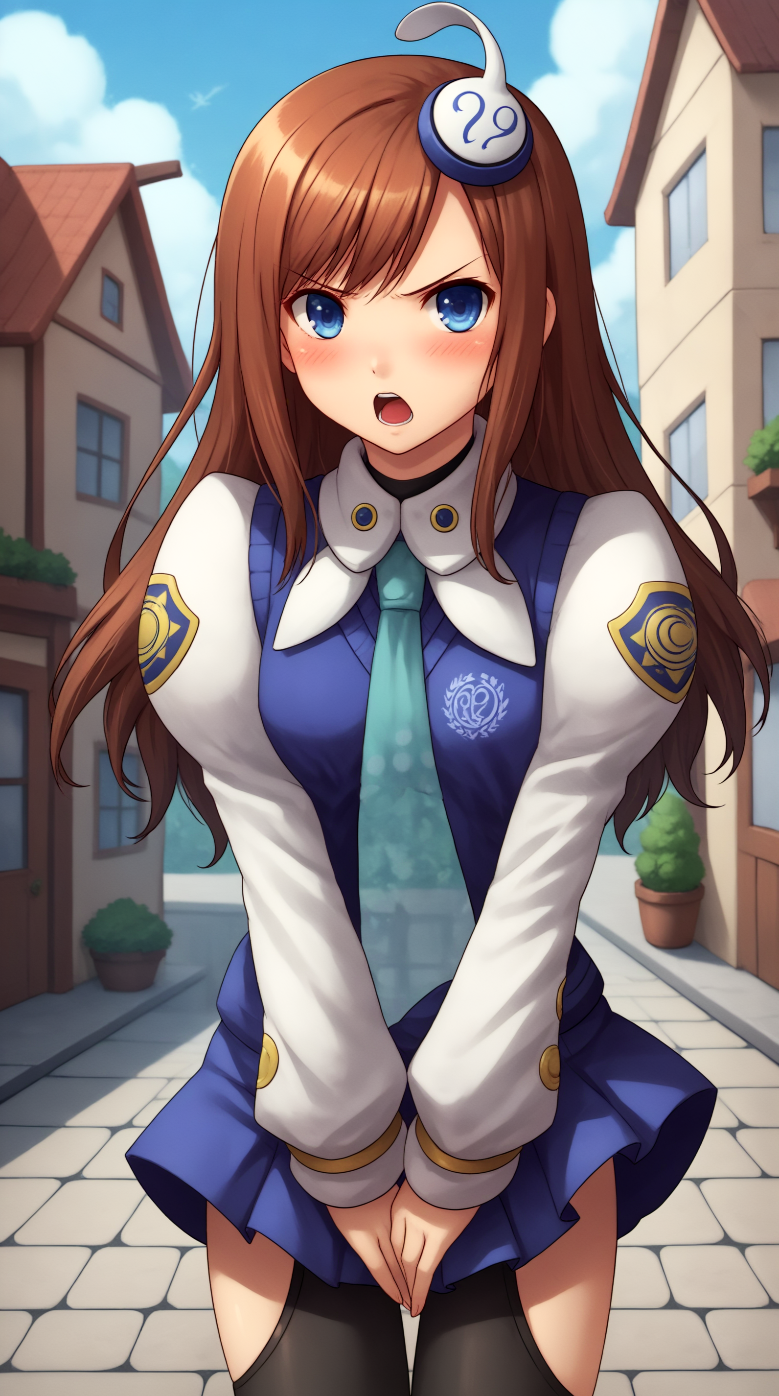score_9, score_8_up, score_7_up, best background, detailed background, 4k, upscale, anime_source,  Lumia Waber, Main Outfit, solo, looking at viewer, blush, open mouth, outdoors, town, cowboy shot, :o, angry, v arms  <lora:JN_Lumia_Waber_Pony:0.8>