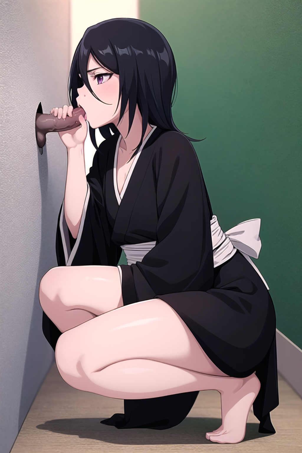 best quality, masterpiece, 1girl, glory hole, fellatio, penis, 1boy, kuchikirukia, black robes, sash