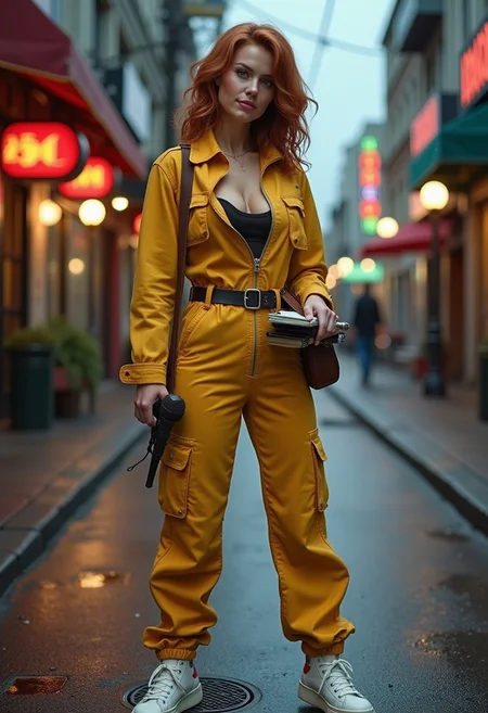 A photorealistic image of a woman resembling April O'Neil from * Mutant Ninja Turtles* as a real human. She has a strikingly beautiful, athletic figure with toned curves, huge breasts, a slim waist, and a confident stance. Her shoulder-length auburn hair is styled in soft waves, framing her face with bright, intelligent eyes and a warm, determined expression. She is wearing her signature yellow jumpsuit, perfectly fitted to her body, with the zipper slightly undone at the top for a casual yet professional look. The jumpsuit features utility pockets and a matching belt, emphasizing her practical and adventurous personality. She pairs this with white sneakers and a vintage brown leather shoulder bag slung across her torso, containing a notepad, a microphone, and other reporter essentials. The setting is an urban street at dusk, with the faint glow of neon signs reflecting off wet pavement. She is standing near a manhole cover, holding a handheld microphone in one hand and a notepad in the other, as if she's in the middle of investigating a story. The lighting is cinematic, with a mix of cool blues and warm orange hues highlighting her figure and creating a dramatic yet grounded atmosphere. The scene captures her intelligence, bravery, and charm, bringing the animated character to life in a realistic, modern context.