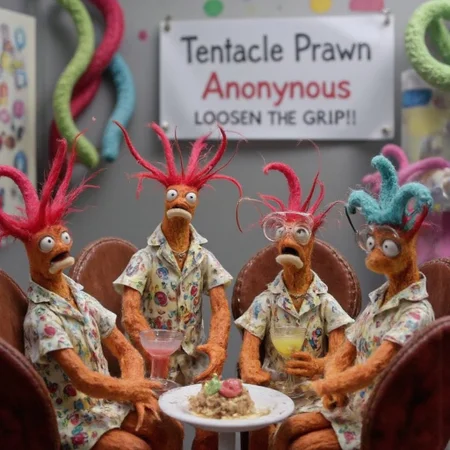 4byss, Pepe King Prawn, Create a whimsical scene featuring a group of realistic prawns adorned with colorful, playful tentacles, sitting in a support group circle, each holding a tiny cocktail. One prawn, dramatically waving its tentacles, is sharing its story about how it can't resist the allure of tentacle-themed dishes, while another prawn, sporting oversized glasses and a tentacle headband, nods in sympathy. The room is decorated with quirky tentacle art and a banner that reads "Tentacle Prawn Anonymous: Loosen the Grip!"