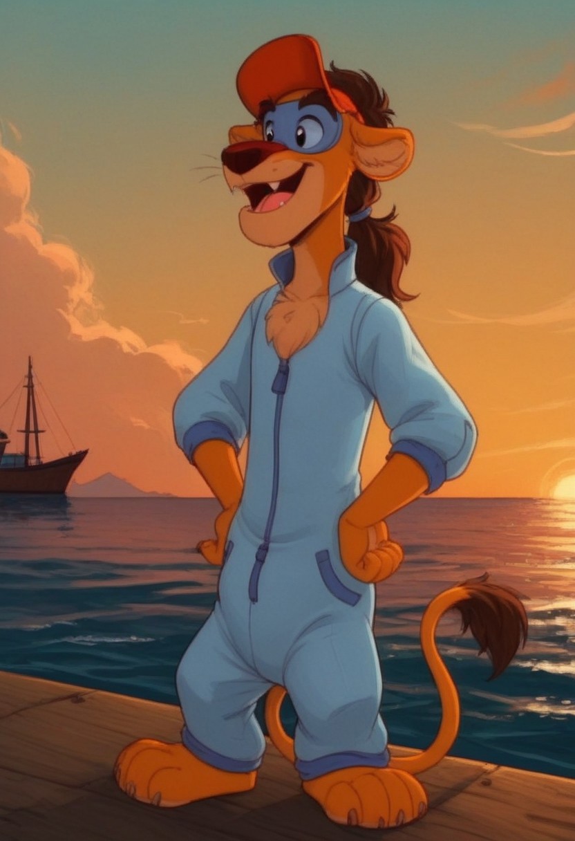 score_7, score_8, score_9, dynamic lighting, detailed background, background is ship dock, dock, (stacked crates), ((ocean)), boats, mountains in distance, ((outdoors)), clouds, sunny, (close up), cowboy shot,
BREAK 
Solo, 1boy, ((anthropomorphic)), furry male, Wildcat, yellow fur, two tone fur, brown hair, hair in ponytail, animal nose, black eyes, slender, animal ears, yellow ears, (yellow tail), feet claws, snaggle tooth, (mask), fluffy fur, fluffy eyebrows, (fang), chest fur tuft,
BREAK 
standing, ((laughing)), jumpsuit, hat, hands on hips,