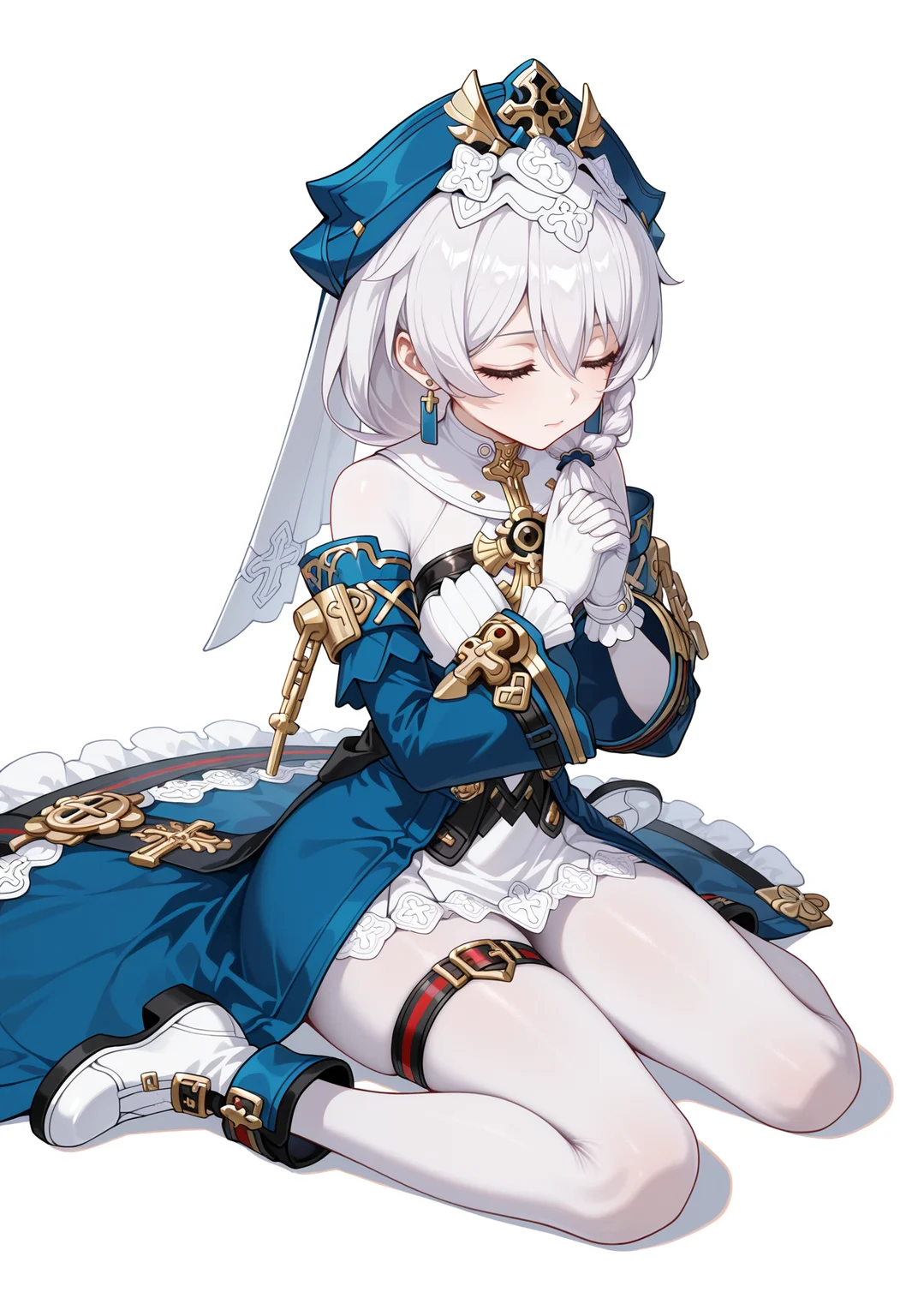 <lora:theresa apocalypse-zj_v1-000050:1>,
theresa apocalypse-zj,1girl,solo,white hair,dress,earrings,nun,white gloves,long sleeves,white pantyhose,bodystocking,long hair,hat,hair between eyes,side ponytail,gloves,braid,jewelry,boots,white bodystocking,(white boots:0.8),thigh strap,full body,front view,white dress,white_background,simple_background,sitting,wariza,praying,close eyes