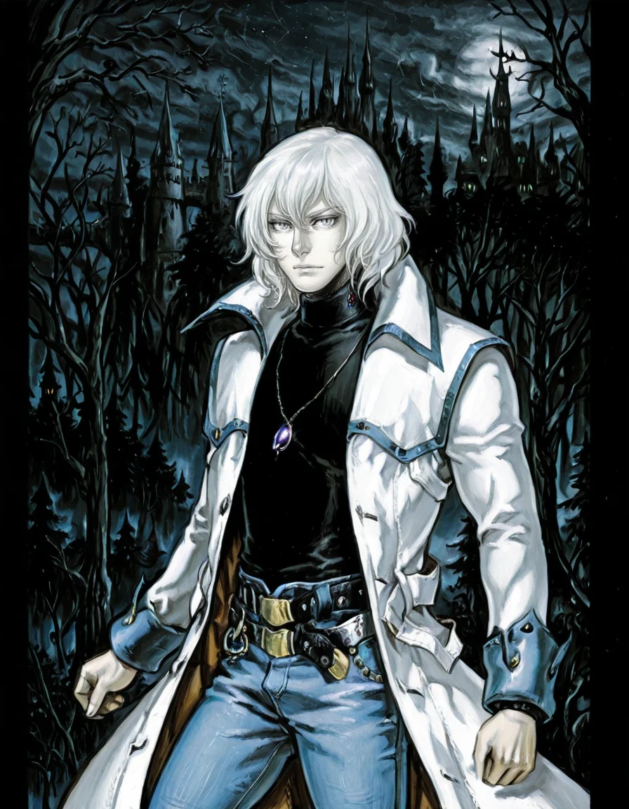 solo, 1boy, male focus, jewelry, belt, coat, denim, pants, jeans, necklace, turtleneck, white hair, grey eyes, pendant, soma cruz <lora:Soma_Cruz_Castlevania_Aria_of_SorrowIllustrious:1> <lora:Amazon(Taitara)_IL:0.8> taitara, castle, forest, night, realisticretro <lora:kojima-ayami-v1:0.8> kojima_ayami