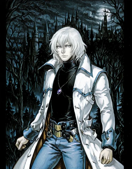 solo, 1boy, male focus, jewelry, belt, coat, denim, pants, jeans, necklace, turtleneck, white hair, grey eyes, pendant, soma cruz <lora:Soma_Cruz_Castlevania_Aria_of_SorrowIllustrious:1> <lora:Amazon(Taitara)_IL:0.8> taitara, castle, forest, night, realisticretro <lora:kojima-ayami-v1:0.8> kojima_ayami