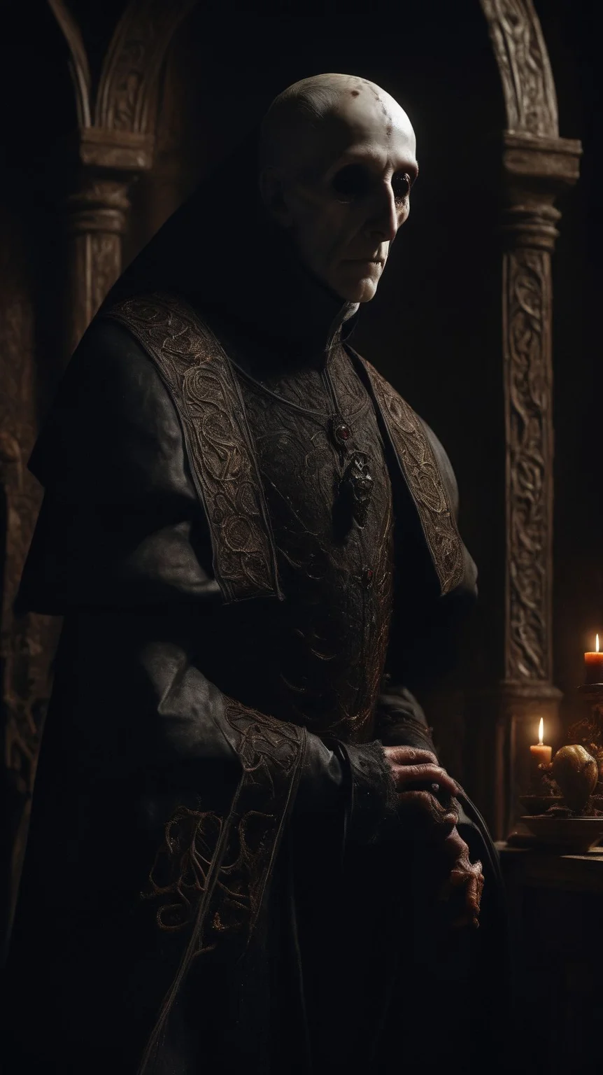 Ultra-realistic 8k CG, masterpiece, best quality, (((ermine wear inquisitor robe))), bite off head of a chicken, medieval Cathedral, dead eyes, still life, high detailed, beautiful intricately and detailed, DOF,   <lora:add-detail-xl:1>  <lora:NicolaSamori:1> <lora:Inquisition_v2:1>