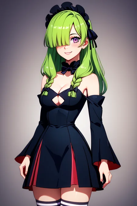 score_9, score_8_up, score_8, medium breasts, (curvy), cute, eyelashes, ,,, , ,,, zzDoll, purple eyes, green hair, long hair, hair over one eye, bare shoulders, cleavage, detached sleeves, black dress, clothing cutout, <lora:DollTenchi_PDXL:1>,,,, BREAK, closed mouth, alternate costume, smile, looking at viewer, blush, ,,, zzLFashion, frilled dress, frills, bow, dress, striped thighhighs, sweetL, cowboy shot, ,,, embedding:zPDXL, Expressiveh, ,,, <lora:Vivid:0.7>, <lora:LFashionPDXL:1>, <lora:Uncensored_PonyXL_cpt_v02.09:0.4>, <lora:Expressive_H-000001:0.4>,