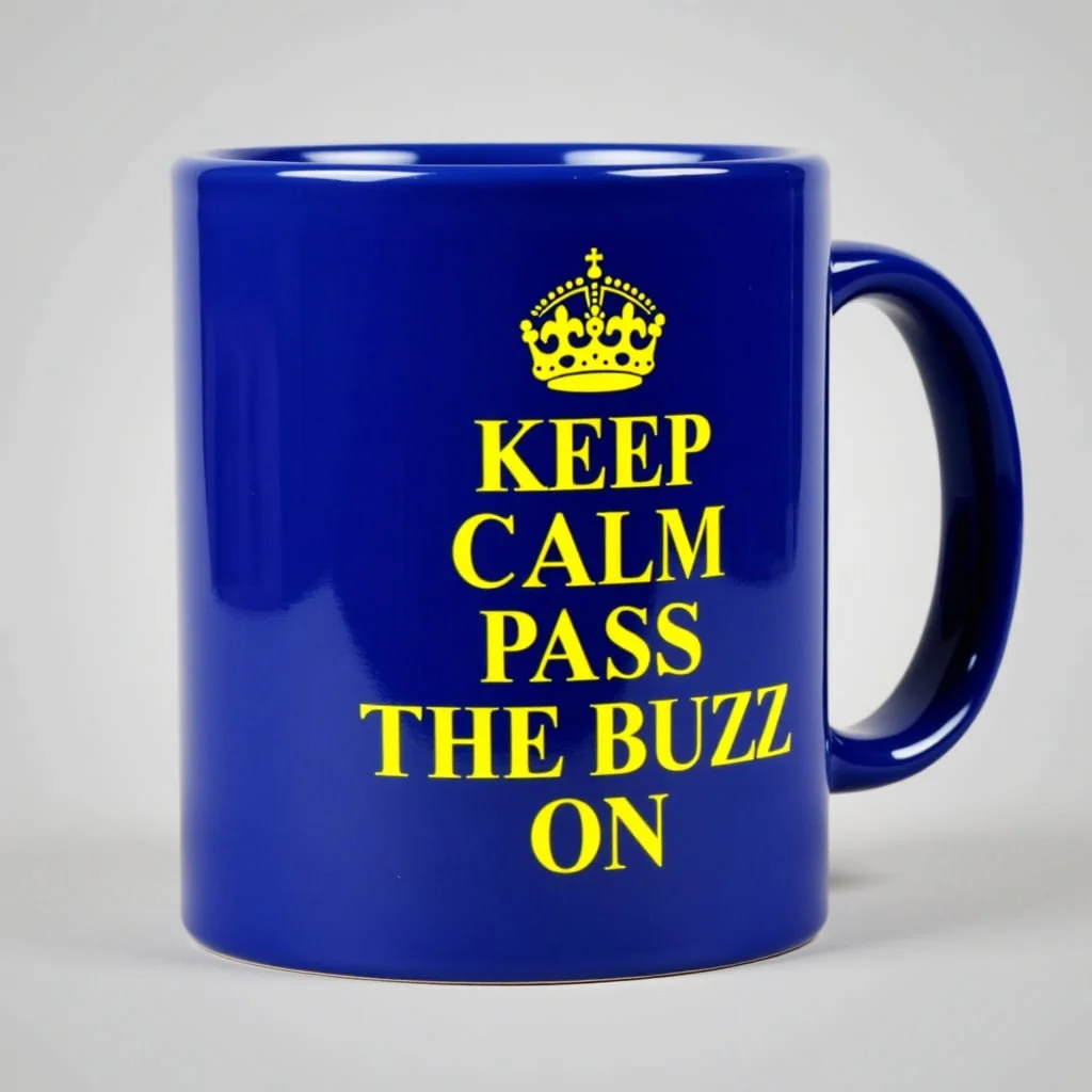 Royal blue Coffee mug that says “ KEEP CALM PASS THE BUZZ ON “ in yellow