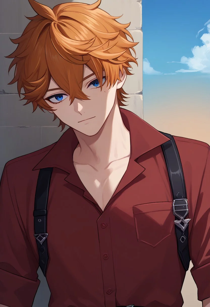 score_9, score_7_up, source_anime,
tartaglia, 1boy, male focus, solo, blue eyes, orange hair, short hair, hair between eyes, bangs, shirt, collared shirt, red shirt, collarbone, belt, black belt, upper body,
outdoor, sky,