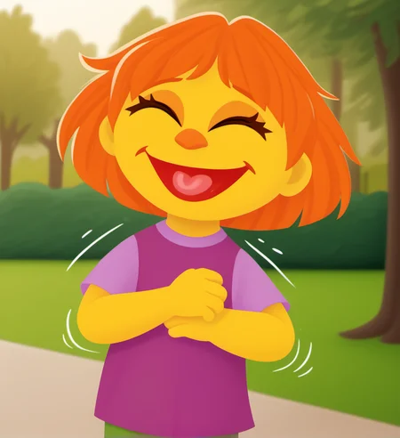 1girl, solo, julss1, yellow skin, colored skin, eyes closed, shirt, smile, open mouth, tongue, arms shaking, upper body, orange hair, short hair, laughing, child, purple shirt, pants, park, <lora:julss1-000006:1>,