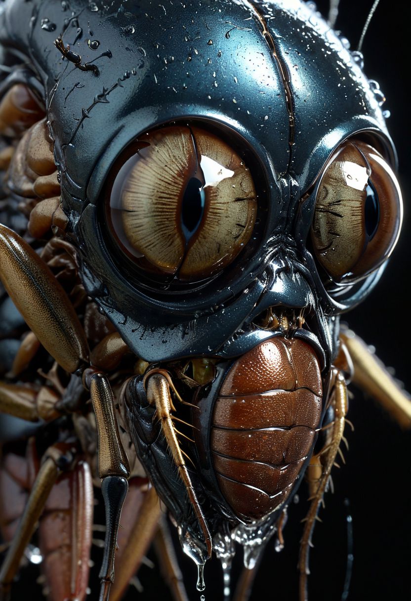 Close-up portrait, deformed anatomy, biomechanical fusion, chitinous textures, metallic sheen, swarming mass of insects, bulging insect eyes, dripping tendrils, horror, hyperrealistic, dark background, contrasting textures, (volumetric lighting: 1.2), (macro details:1.3)