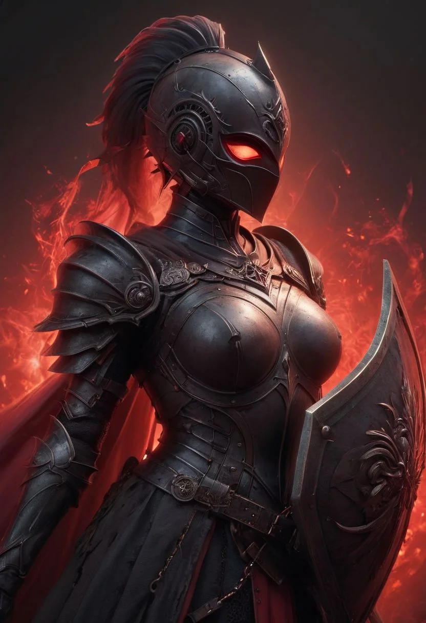 berserk style, Pastel Neon niji colors, sketch by KentarM Miura, Closeup of sexy the queen of hearts from alice in wonderland, Spear and Shield, hiding behind Large black-red translucent sss (ace of spades shaped shield), Holding spear, utopia  colorful wonderland Castle, midriff, navel, cleavage, full helmet