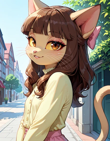masterpiece, best quality, very aesthetic, absurdres,
outdoors, casual, 
seductive smile, parted lips, long eyelashes,
 <lora:Ivy_Pepper_v01_NAIXL:1>
1vyP3pp3r,1girl,solo,furry,furry female,cat girl,cat ears,brown hair,hair bow,long hair,blunt bangs,brown eyes,yellow sclera,animal nose,whiskers,body fur,cat tail,