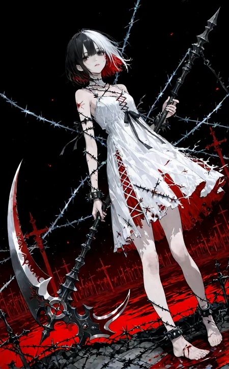 score_9, score_8_up, score_7_up, 1girl, solo, ultra detailed, dynamic angle, short hair, two tone hair, black hair, white hair, black eyes, blood tears, white dress, torn dress, barefoot, holding weapon, scythe, black and white scythe, serrated blade, barbed wire on arms and legs, lake of blood, dark background, <lora:add_detail:1> <lora:Expressive_H:1>