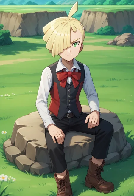 score_9, score_8_up, score_7_up, source_anime, highly detailed,
gladion, blonde hair, 1boy, vest, male focus, pants, closed mouth, hair over one eye, boots, black vest, black pants, brown footwear, solo, shirt, white shirt, green eyes smile, long sleeves,
buttons, short hair, ahoge, belt, bangs, red vest, bow, red bow, looking at viewer,
outdoor, rock, grass, sit on rock,