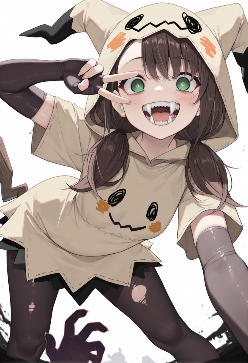 masterpiece, best quality, amazing quality, very aesthetic, high resolution, ultra-detailed, absurdres,


1girl, green eyes, dark-brown hair, freckles, asymmetrical bangs, low-twintails, mimikyu_cosplay, personification, hood up, short sleeves, torn clothes, leggings, fingerless elbow gloves,(large fangs:1.2), (crazy eyes:1.2), evil grin, head tilt, contrapposto, hand on hip, v over eye, leaning forward, (purple shadow hands), (shadow hands), darkness, looking at viewer, from below, close-up,very aesthetic, absurdres, hyper-detailed, 8k uhd, absolutely eye-catching, ambient occlusion, raytracing, 