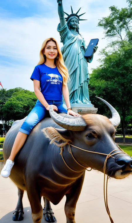 masterpiece, realistic, official art, Girl riding Thai Buffalo at Statue of Liberty, New York,
1girl, 1animal, 40 years old, mature, t-shirt, denim, very long hair, blonde hair,
animal, (Thai Buffalo:1.1), <lora:SDXL_BTT_Ride_Thai_Buffalo_v01A:1.0>,SDXL_BTT_Ride_Thai_Buffalo_v01A,
outdoors, (Statue of Liberty:1.1),( New York:1.3), <lora:HandFineTuning_XL:1>