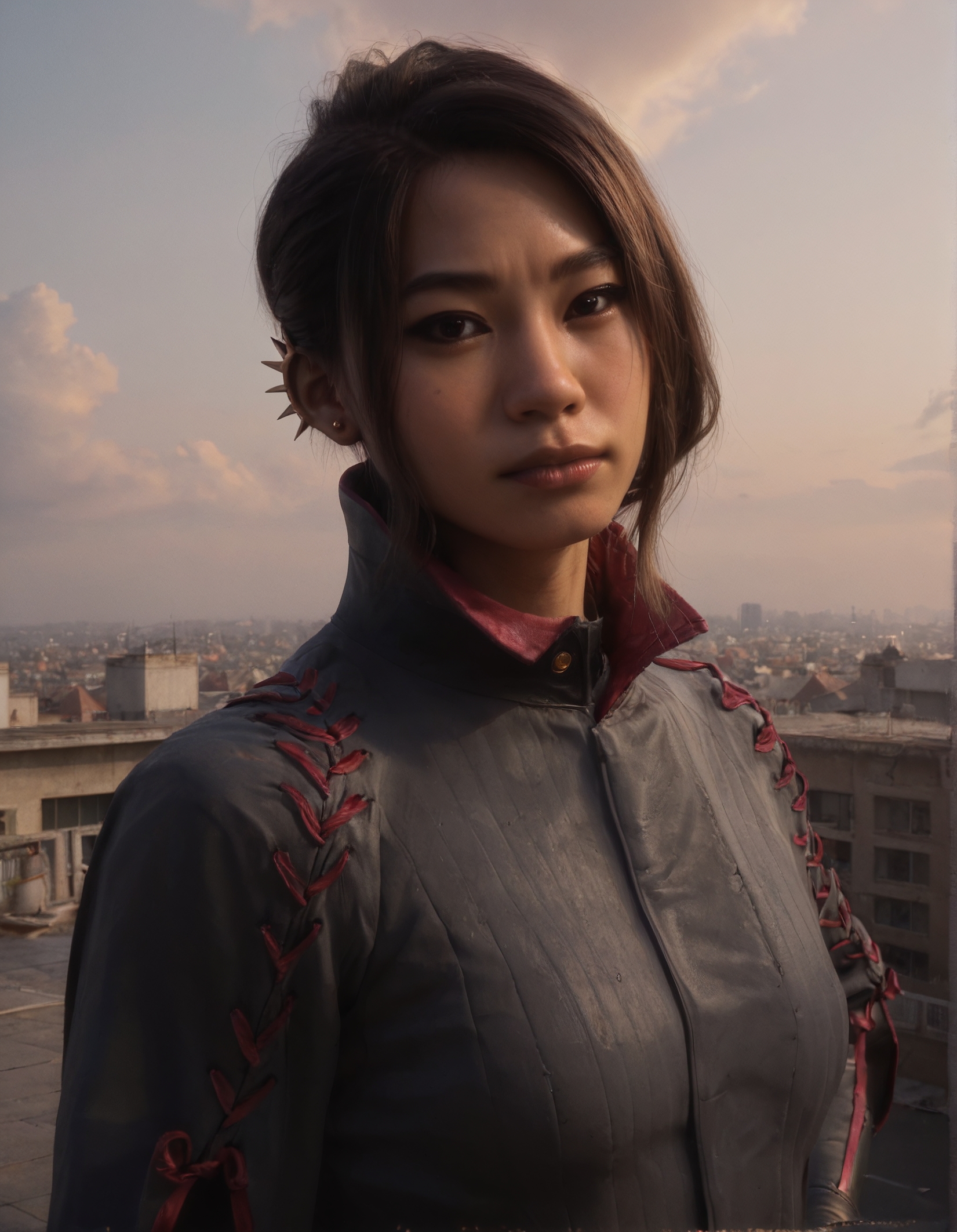 score_9, score_8_up, score_7_up,score_6_up,haymar,high resolution,3d,photo,realistic,asian,1girl,brown hair,hair bun,earrings,jacket,long sleeves,boots, volumetric lighting,rim lighting,dramatic shadow,on a rooftop,close-up,dynamic pose,looking at viewer,pov,front view,hand on hips
