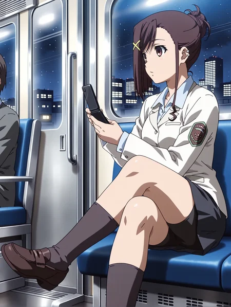 masterpiece,best quality,newest,
1girl,solo,
anime screencap,<lora:sakurai_kanade_ilxl_v1.0>,brown hair,single hair bun,x hair ornament,brown eyes,short hair,
k_clothes,uniform,white jacket,shirt,black skirt,black shorts under skirt,black socks,loafers,
<lora:Fixhands_anime_bdsqlsz_V1:1>,voyeur,cityscape,train,looking_at_screen,crowd,night,staring,rainy window,sitting_on_chair,inside the train,holding cellular phone,