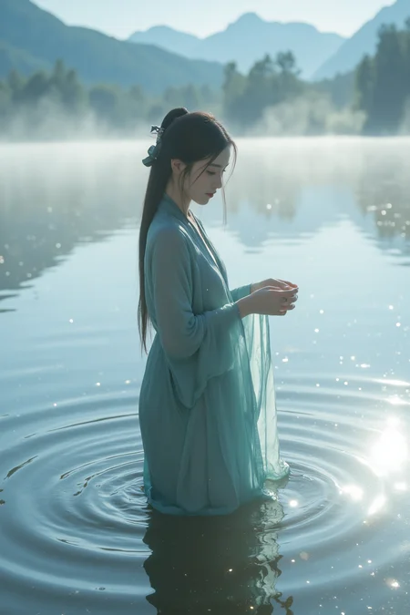 <lora:ã麦æ©éè¡£ãMajicflus:0.7>, qingyi, In the misty glow of a serene lake at dawn, a young woman stands immersed in the water, her cyan hanfu soaked and clinging to her form, the crystal-like fabric revealing the smooth texture of her skin as sunlight filters through. Gentle ripples lap at her waist, adding a sense of movement to the scene. She tilts her head slightly downward, her hands softly skimming the water's surface, creating faint ripples. The background features hazy distant mountains mirrored in the lake, with sunlight streaming through the morning mist, casting a luminous, ethereal glow. The sparkling reflections on the water surface resemble scattered stars, enhancing the dreamlike atmosphere.âââ