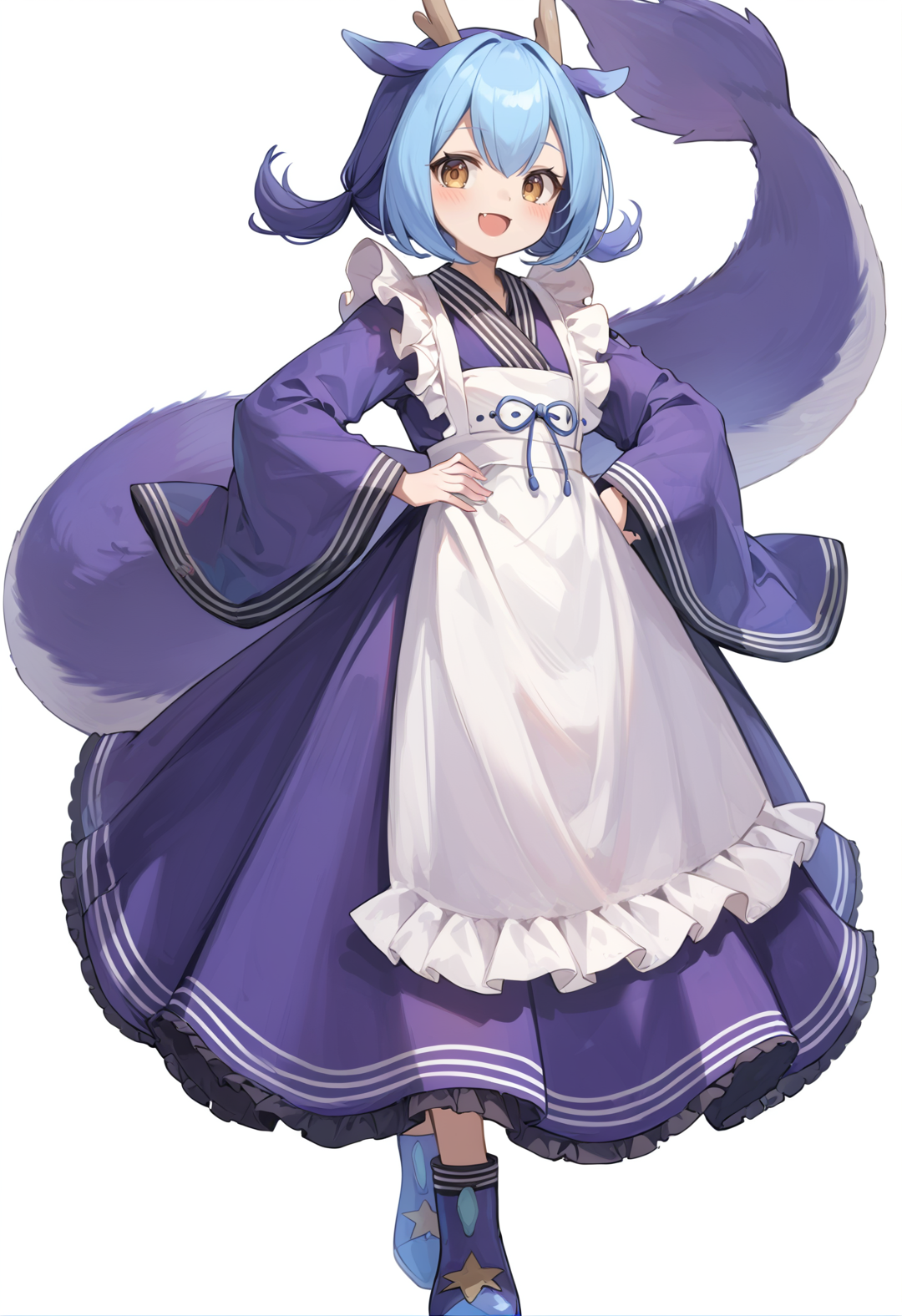 (score_9:0.9),score_8_up,score_7_up,anime style,rating_safe,(zPDXL),<lora:Nurse dragonmaid ponyXL v1:0.73>, laundry dragonmaid, blue maid outfit, blue footwear, 1girl, solo, full body, open mouth, smile, white background, looking at viewer, simple background, hand on hip, blush, standing, :d, frills,