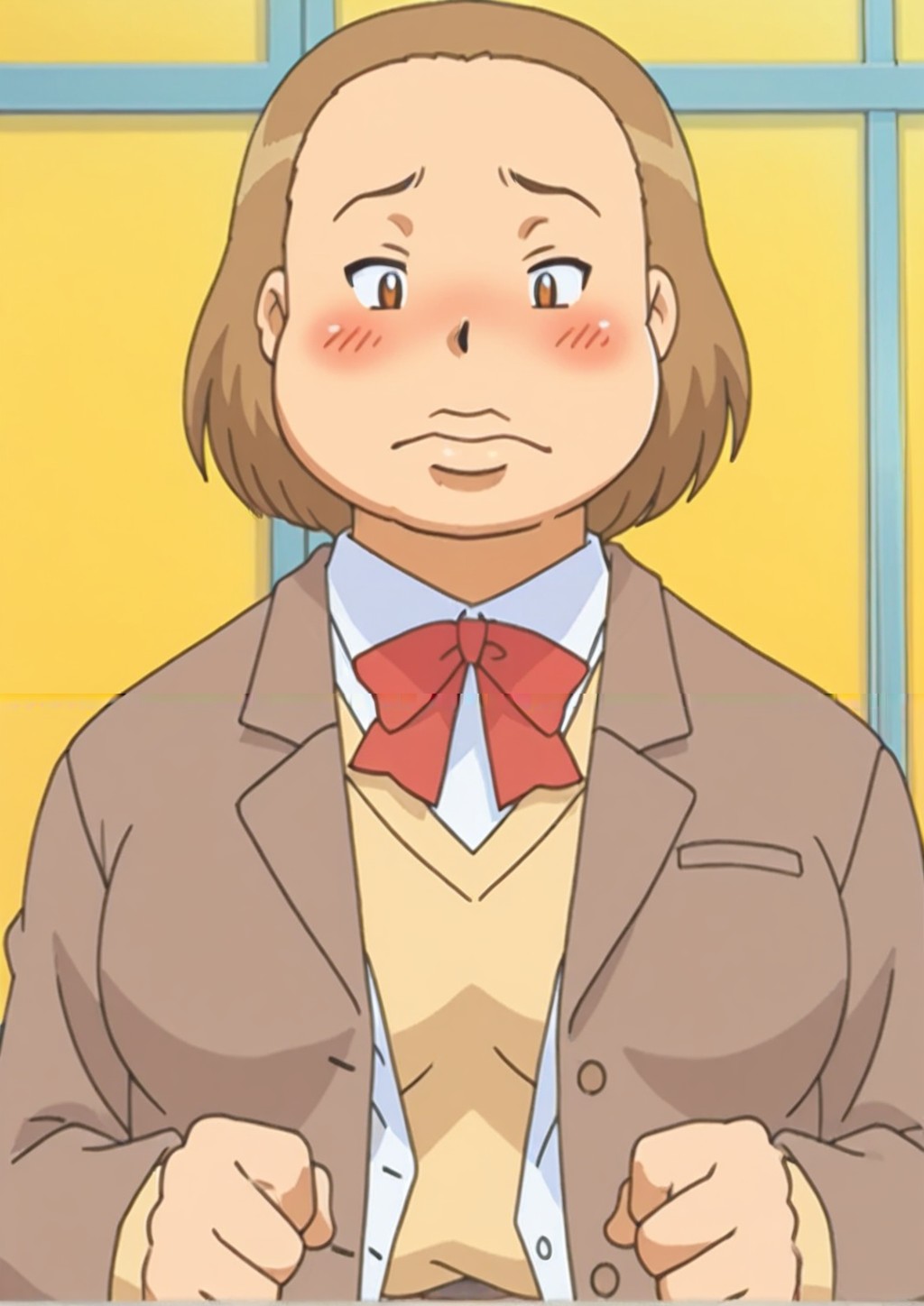 anime coloring,anime screencap,<lora:Futoi_Illustrious_from_The_invisible_Stud:1>,1 girl,short hair,blush bottons,chubby,futoi,blush,(open_clothes:1.3),schooluniform,