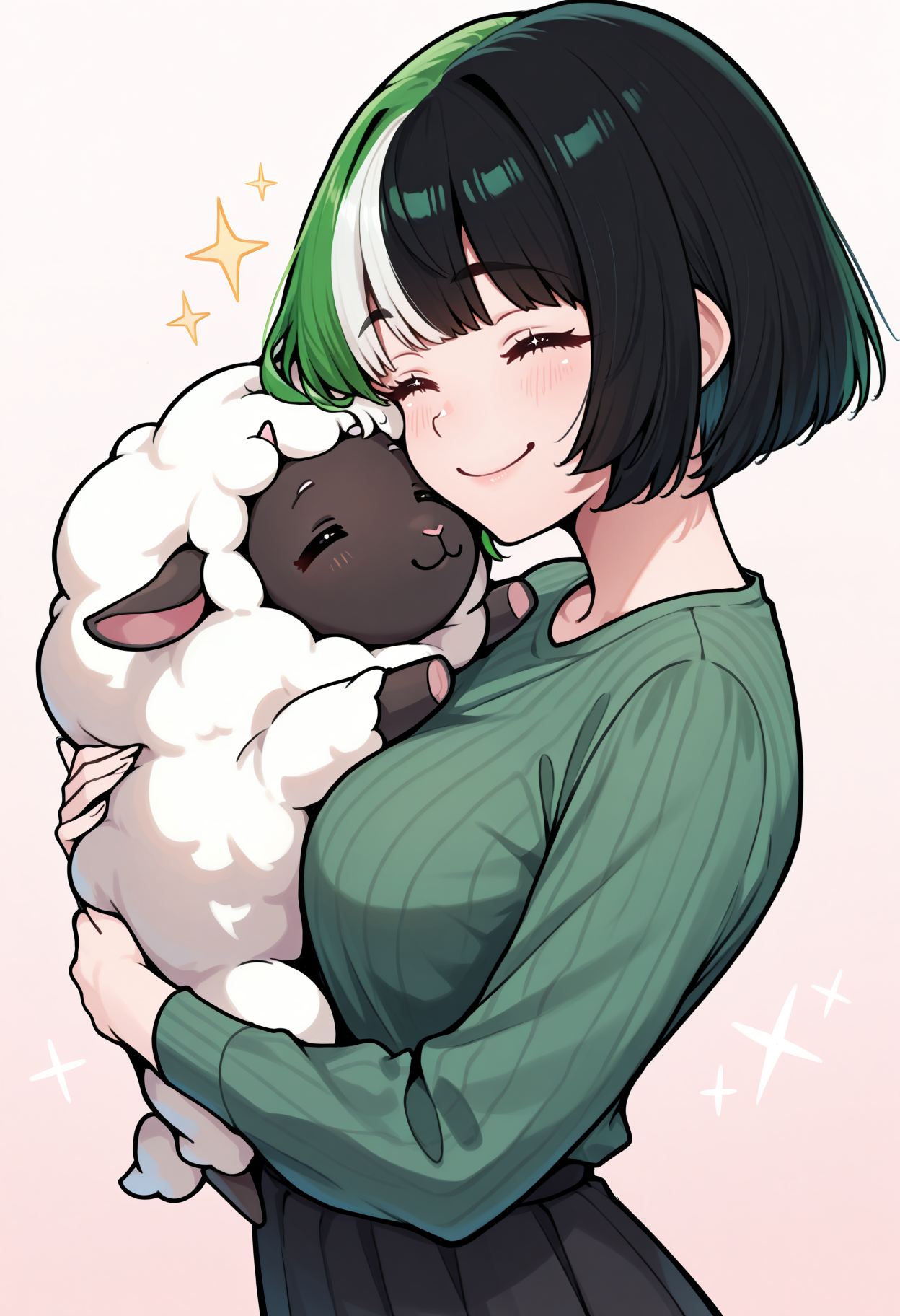 masterpiece, best quality, 1girl, solo, short hair, bob cut, NSMelionPalHair, green hair, black hair, white hair, multicolored hair, medium breasts, eyes closed, sparkles, big smile, wholesome, hugging, hug, hugging sheep, sheep, <lora:NSMelionPalHairIllu:1>
