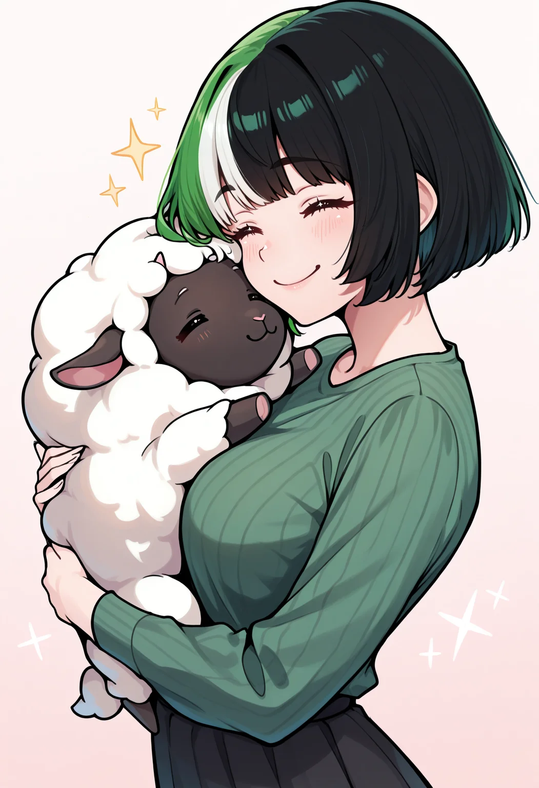 masterpiece, best quality, 1girl, solo, short hair, bob cut, NSMelionPalHair, green hair, black hair, white hair, multicolored hair, medium breasts, eyes closed, sparkles, big smile, wholesome, hugging, hug, hugging sheep, sheep, <lora:NSMelionPalHairIllu:1>