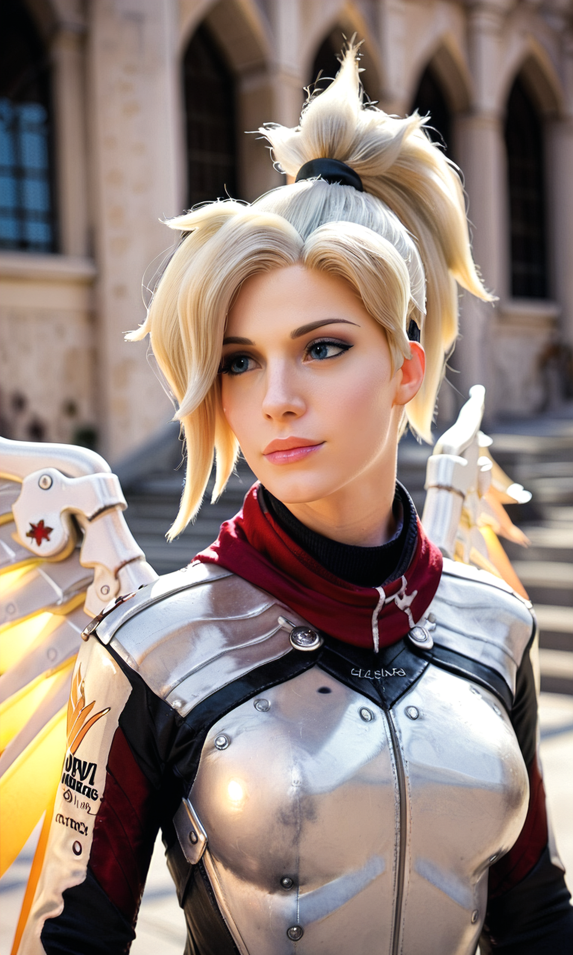 score_9, score_8_up, score_7_up, BREAK, zy_mercy, 1girl, blonde hair, costume, wings, high ponytail, palace, realistic, photo, real hair, detailed skin, highly detailed, detailed skin, depth of field, film grain, <lora:zy_Mercy_PonyRealism_v1:.6>