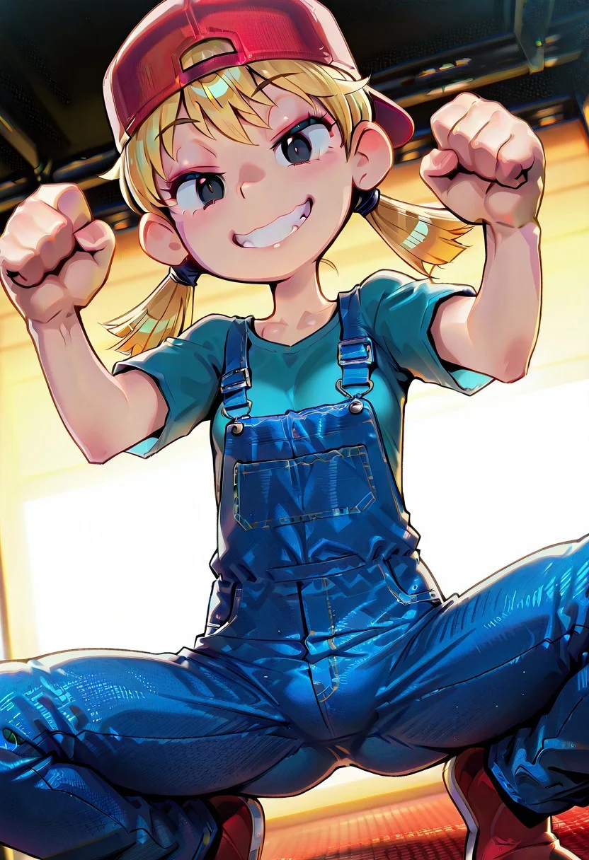 red baseball cap, backwards cap,
ligth green tshirt,
blue overalls,
squatting,
dynamic angle, dynamic pose, sexy pose,
lana loud,
looking at viewer,
front view,
smile, missing teeth,
ONLY1girl, petite, female, short body size, slim, flat,
blonde hair, twin downward pigtails,
detailed eyes, seductive eyes, perfect eyes, black eyes, tight clothes, perfect hands, perfect detailed fingers,
side_light,4k,(masterpiece:1.4),(best quality:1.4),(high resolution:1.4),Ultra HD, HDR,(hyperdetailed),smooth lighting,source_anime,very aesthetic,intricate details,intense,highres,vibrant colors,detailed_shadows,detailed_reflections,high-quality textures,depth of field,good shading,studio quality,epic lighting,digital illustration, path_tracing,rtx_on_styled_lighting_and_reflections,<lora:add-detail-xl:1>, one girl, unblurred,
perfect composition, intricate details,
<lora:Himehajime IL:1.0>,Himehajime,screenshot