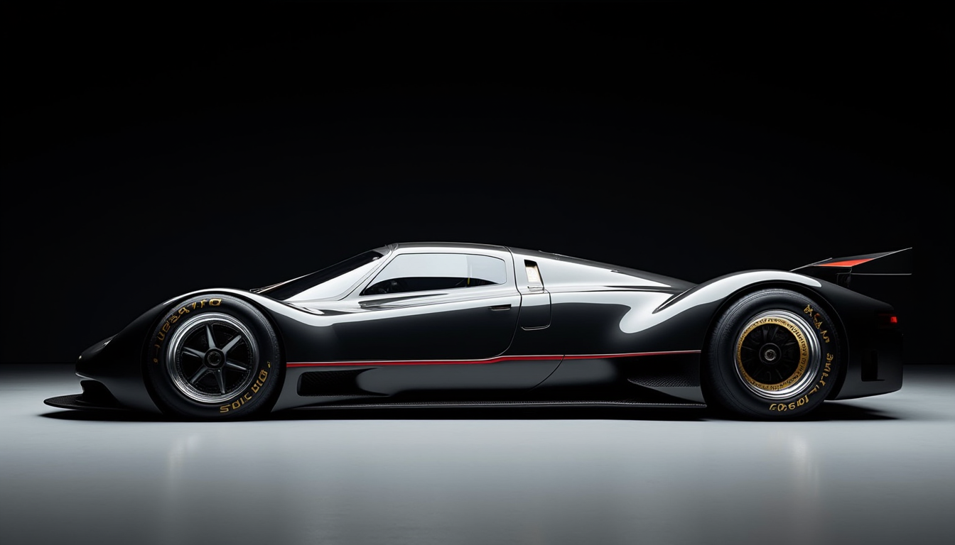 A picture of a futuristic race car prototype similar to a Lotus 79 yfg-sde in a dark studio. Perpendicular shot from the side.