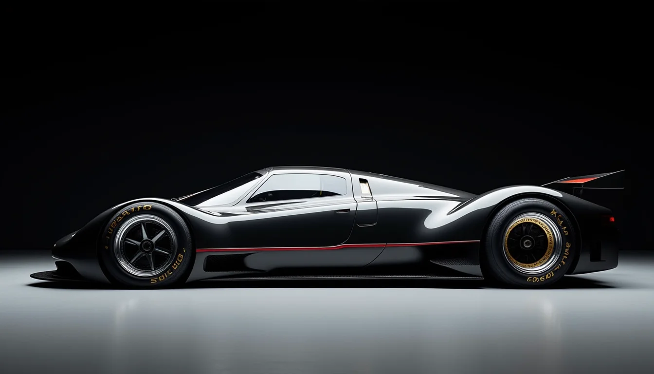 A picture of a futuristic race car prototype similar to a Lotus 79 yfg-sde in a dark studio. Perpendicular shot from the side.