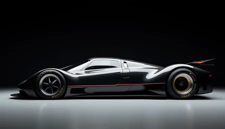 A picture of a futuristic race car prototype similar to a Lotus 79 yfg-sde in a dark studio. Perpendicular shot from the side.