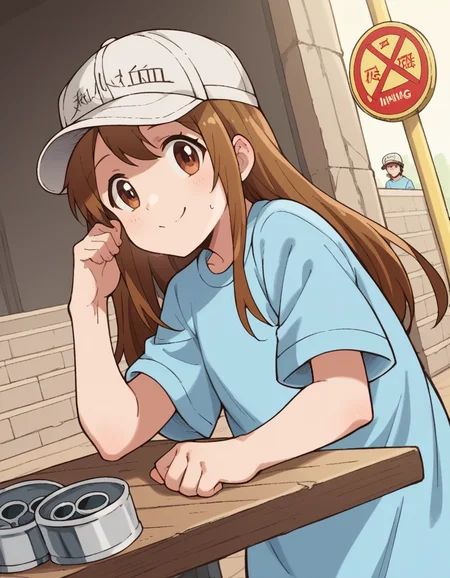 score_9, score_8_up, score_7_up, source_anime, <lora:platelet-s1-ponyxl-lora-nochekaiser:1>, platelet, long hair, brown hair, brown eyes,, shirt, hat, short sleeves, boots, white headwear, blue shirt, flat cap,, bus stop, waiting, commuter, smartphone, checking time, cold morning, smile, looking at viewer, arm resting on table, solo,, cowboy shot, dutch angle