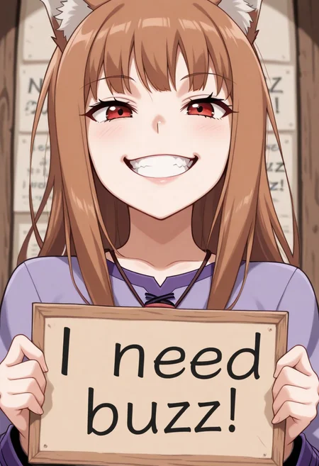 masterpiece,(best quality),highly detailed,ultra-detailed,
1girl, holo, spice and wolf, looking at viewer, need_buzz, holding sign, upper body, close up, smug, teeth