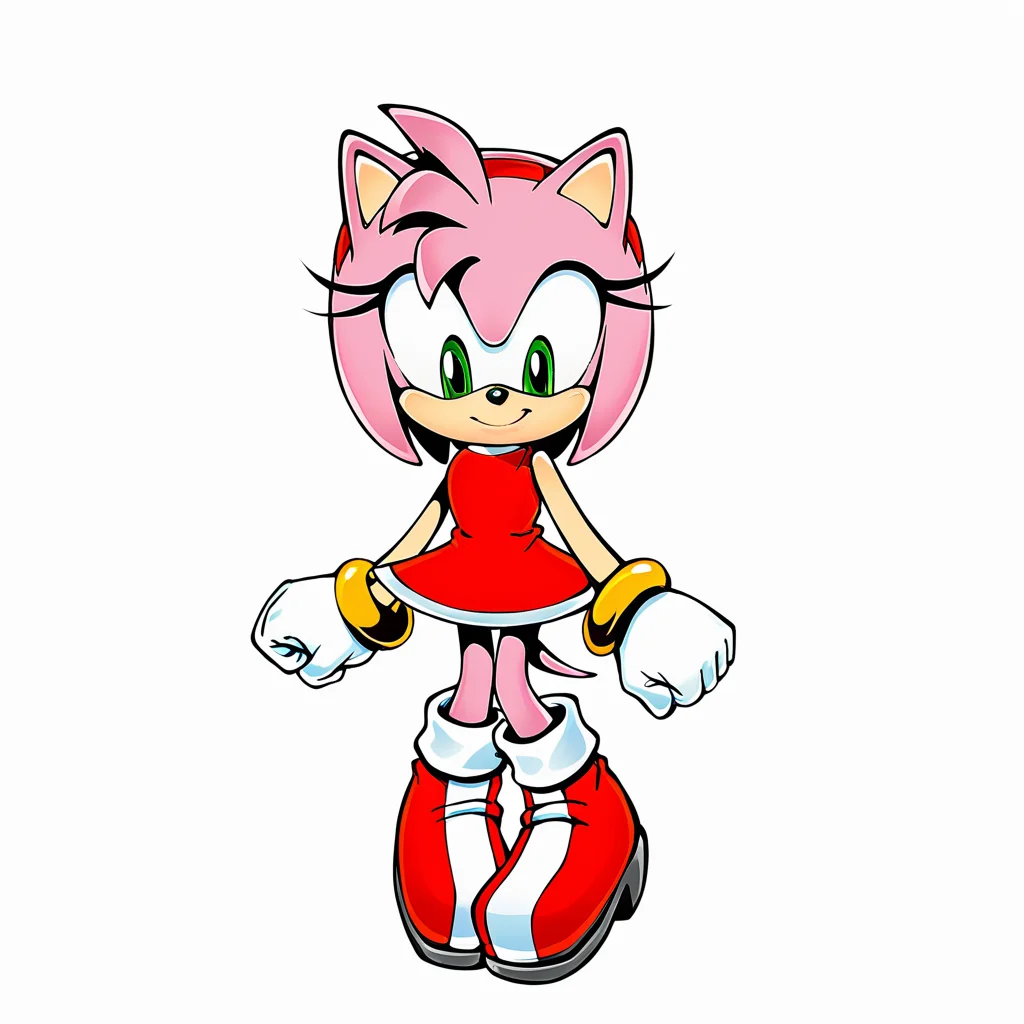 score_9, score_8_up, score_7_up, score_6_up, score_5_up, score_4_up, BREAK,  <lora:Amy_Rose:1>, amy rose, 1girl, smile, short hair, simple background, gloves, white background, dress, jewelry, closed mouth, standing, full body, hairband, boots, sleeveless, white gloves, flat chest, skin tone arms, bracelet, sleeveless dress, looking down, red dress, happy, red footwear, clenched hand, furry, furry female, red hairband, animal nose, solo, green eyes, animal ears, pink hair, pink fur