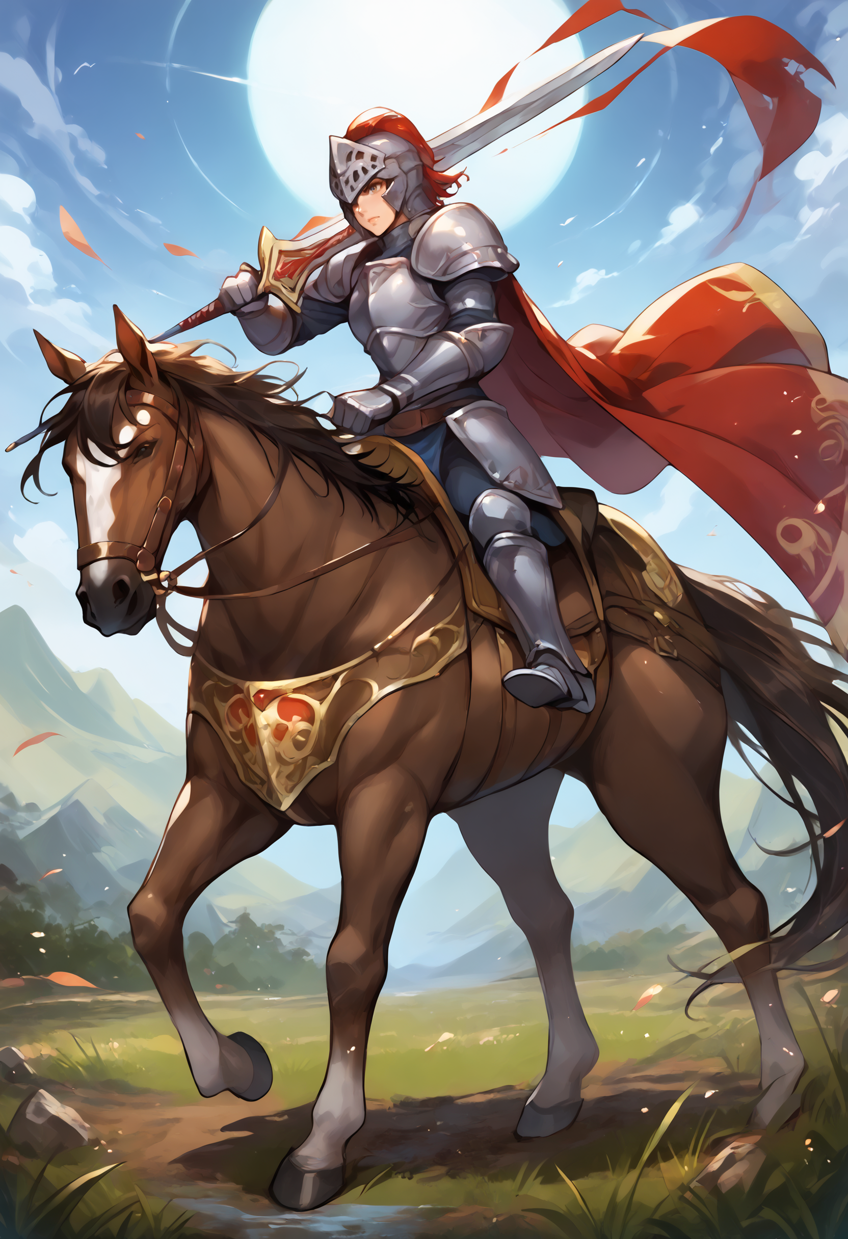 score_9,score_8_up,score_7_up,best quality,masterpiece,super detailed,extreme detailed,full_body,zPDXL BREAK (nature:1.1),(field:1.1),
<lora:Pony_DetailV2.0:1> BREAK 1girl,Cavalier,knight,armor,cape,gloves,helmet,horse,horseback riding,<lora:Cavalier:0.8>,holding sword,fighting stance,