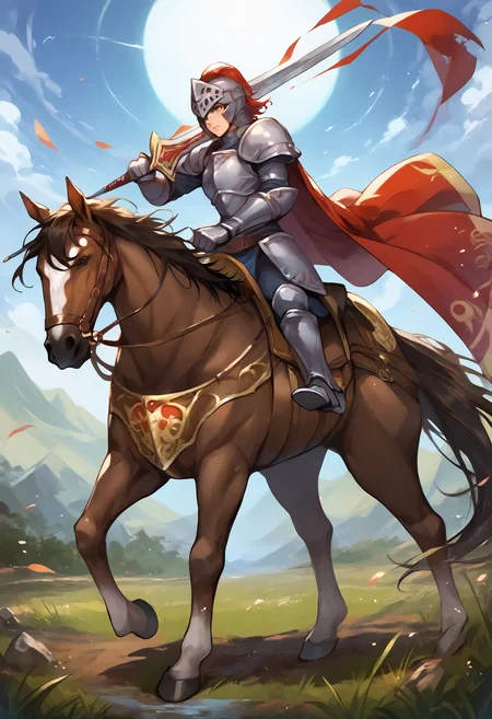 score_9,score_8_up,score_7_up,best quality,masterpiece,super detailed,extreme detailed,full_body,zPDXL BREAK (nature:1.1),(field:1.1),
<lora:Pony_DetailV2.0:1> BREAK 1girl,Cavalier,knight,armor,cape,gloves,helmet,horse,horseback riding,<lora:Cavalier:0.8>,holding sword,fighting stance,
