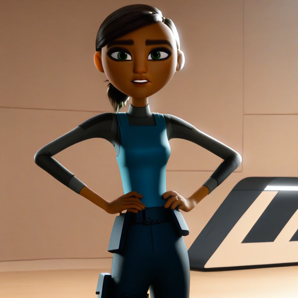 masterpiece, best quality, solo, marcy_sid, dark skin, short hair, brown hair, ponytail, bulletproof vest, long sleeves, belt, pants, hands on hips, looking at viewer