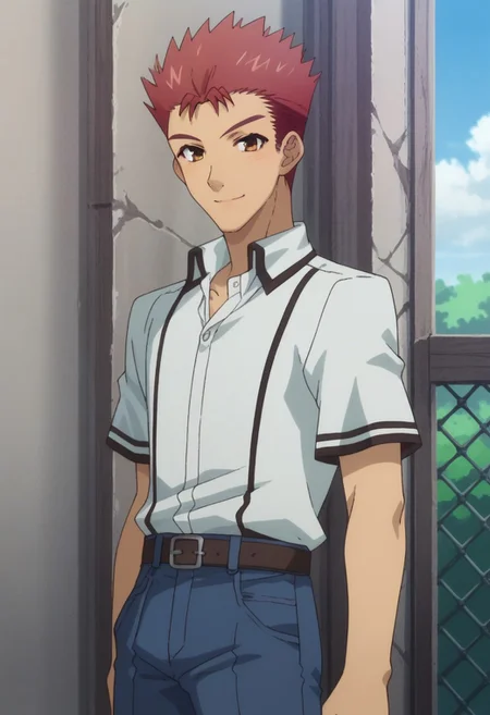 score_9, score_8_up, score_7_up, source_anime, highly detailed,
yujisakamoto, 1boy, male focus, red hair, solo, school uniform, spiked hair, brown eyes, upper body, shirt, white shirt, short sleeves, belt, pants, blue pants, smile, looking at viewer,
outdoor, sky, tree