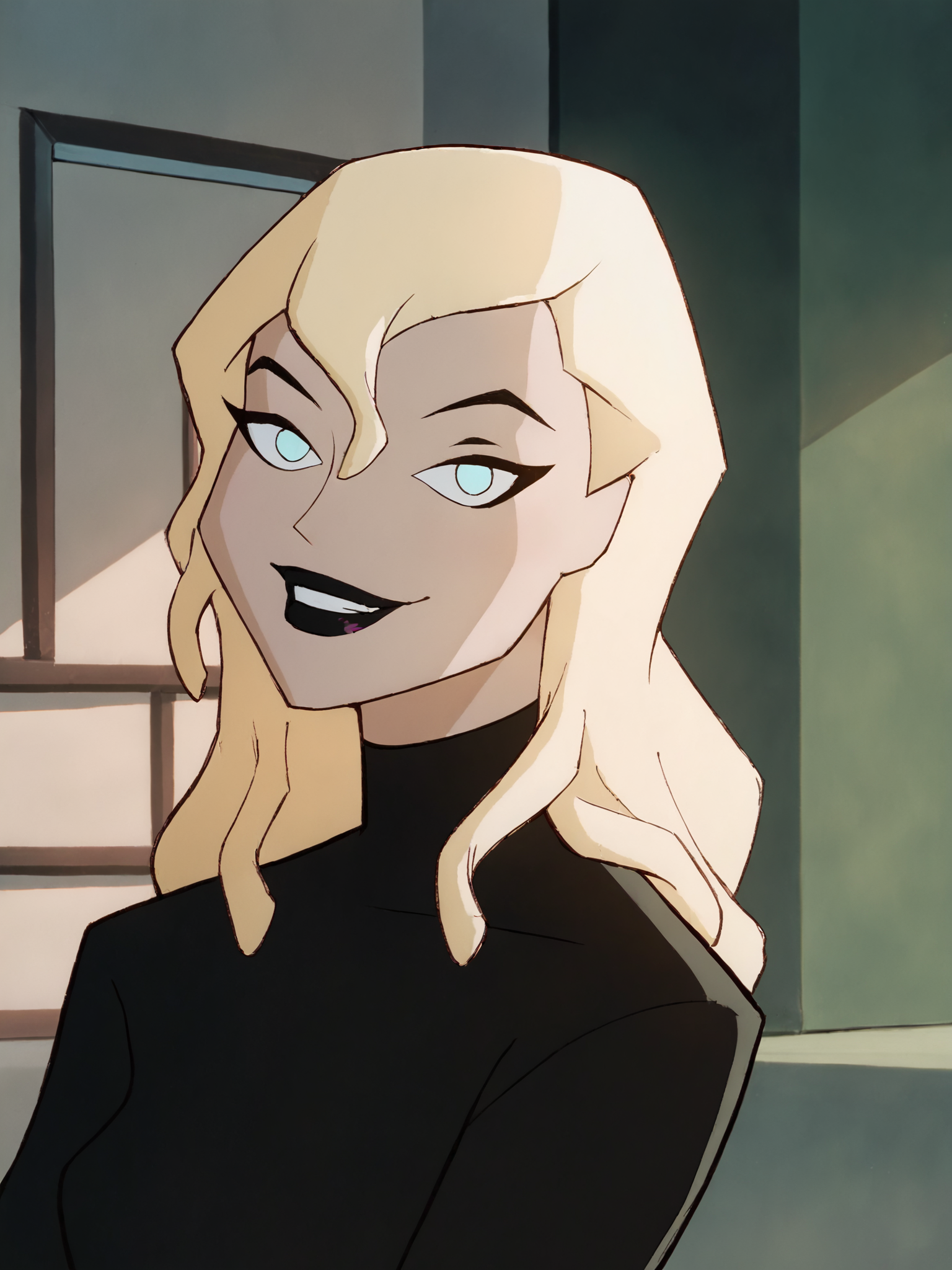 <lora:MelanieWalkerPony1.0:1> melaniew, blonde hair, 1girl, solo, long hair, black lipstick, pink skirt, black shirt, long sleeves, upper body,looking at viewer, smile,  score_9, score_8_up, score_7_up, score_6_up, score_5_up, score_4_up