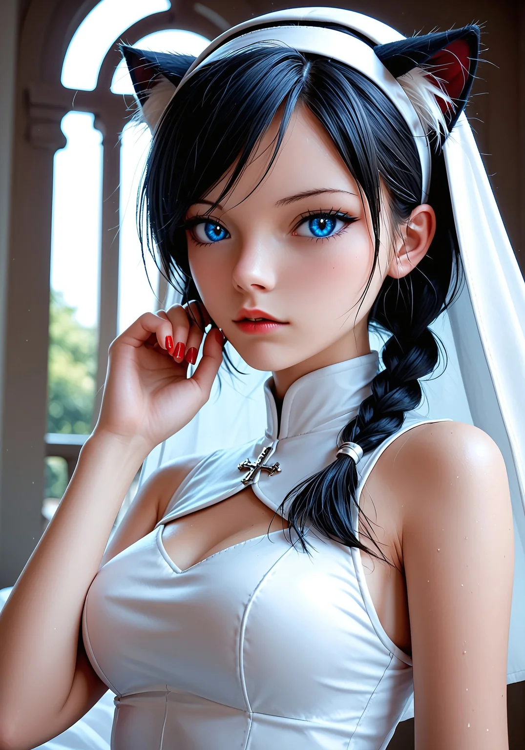 (score_9, score_8_up:1.2), score_7_up, ultra highres,absurdres, (best quality, ultra detailed),8k, Exquisite color design, BREAK
temple grounds, china nun dress, dark black hair, blue eyes, detailed face, detailed eyes,medium breasts, looking at viewer,side view, eye level, BREAK
lilykat, cat ears, long fake fingernail, red manicure
<lora:Sinozick_Style_XL_Pony:0.8> <lora:1g0rXLP:0.6> 1g0r <lora:Quality tweaker_last:-2> <lora:SyFyEye1_XL_v1.0:1.8>