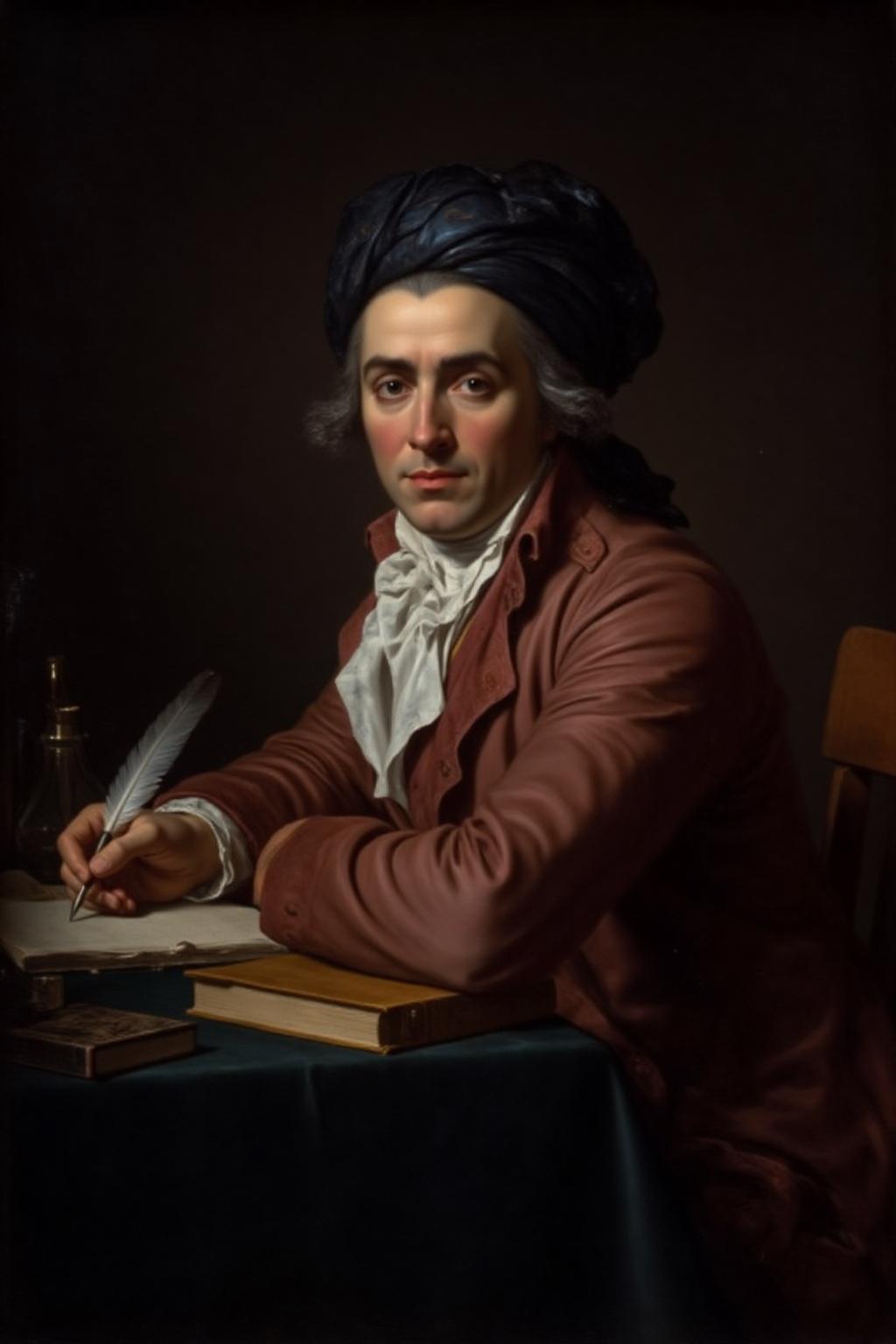 jldavid1 painting.
An man with a contemplative expression, sits at a dimly lit table. He has a prominent forehead, thinning hair, and wears a loose, reddish-brown coat with a white cravat, indicative of 18th-century attire. His head is adorned with a dark blue, patterned turban, adding to the scholarly ambiance. He holds a quill pen in his right hand, poised over a parchment or paper on the table. <lora:jldavid1_cap_d6a3:1.0><lora:815775063304403076:0>